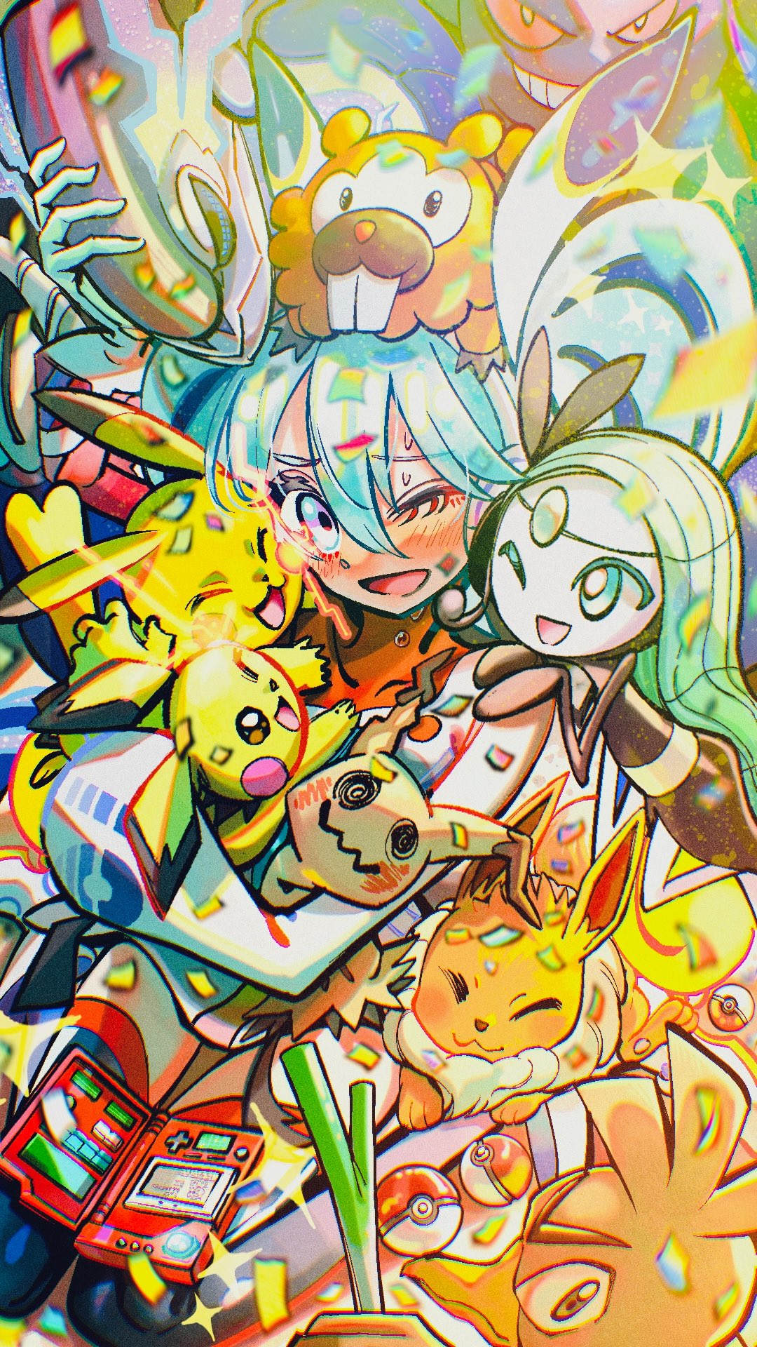 2girls, bidoof, blush, commentary_request, eevee, farfetch'd, gengar, hair_between_eyes, hatsune_miku, highres, long_hair, long_sleeves, looking_at_viewer, meloetta, meloetta_(aria), mimikyu, miraidon, momose_arata, multiple_girls, one_eye_closed, open_mouth, pichu, pikachu, poke_ball, poke_ball_print, pokedex, pokemon, pokemon_(creature), project_voltage, smile, spring_onion, sweat, twintails, vocaloid, waist_poke_ball
