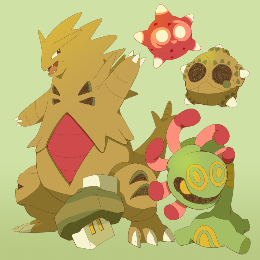 :d, cradily, green_background, highres, minior, minior_(core), minior_(red_core), nacli