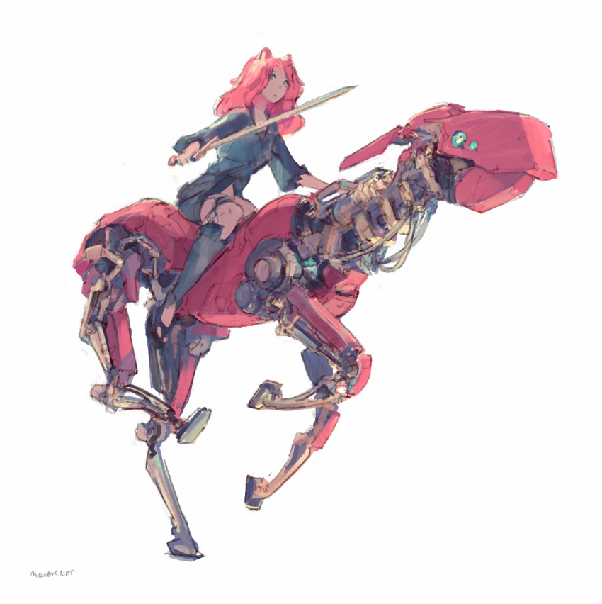 1girl, android, animal_ears, artist_name, blue_shirt, commentary, commission, green_eyes, green_shirt, highres, holding, holding_sword, holding_weapon, horseback_riding, long_hair, mechanical_legs, milobit, original, red_hair, riding, robot_horse, shirt, solo, sword, weapon, white_background