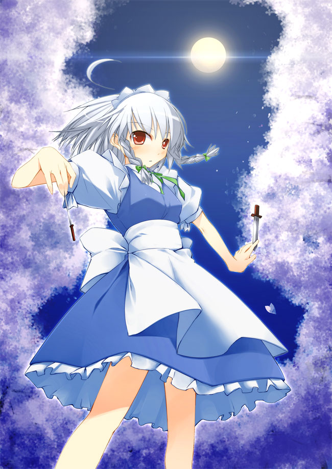 dress, flower, full_moon, izayoi_sakuya, jirou, jirou_(chekoro), knives, maid