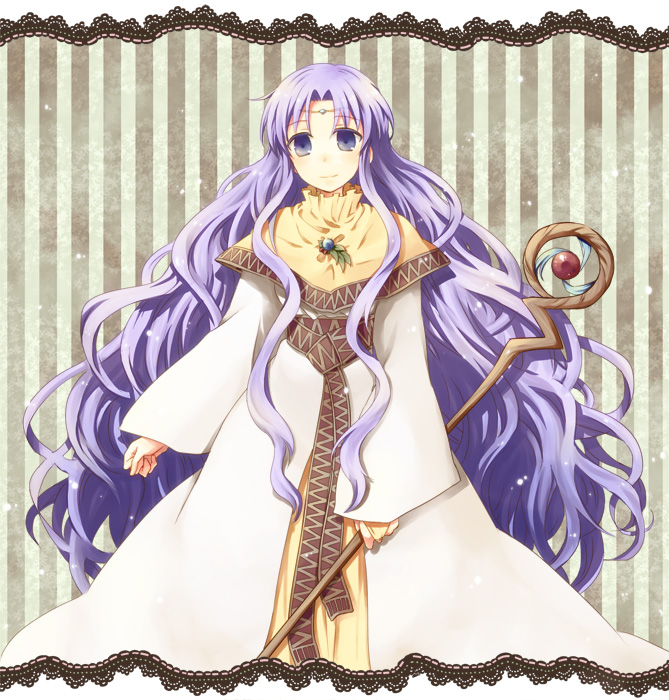 1girl, blue_eyes, dress, fire_emblem, fire_emblem_thracia_776, long_hair, purple_hair, sara_(fire_emblem), serina_ranshi, smile, solo, staff