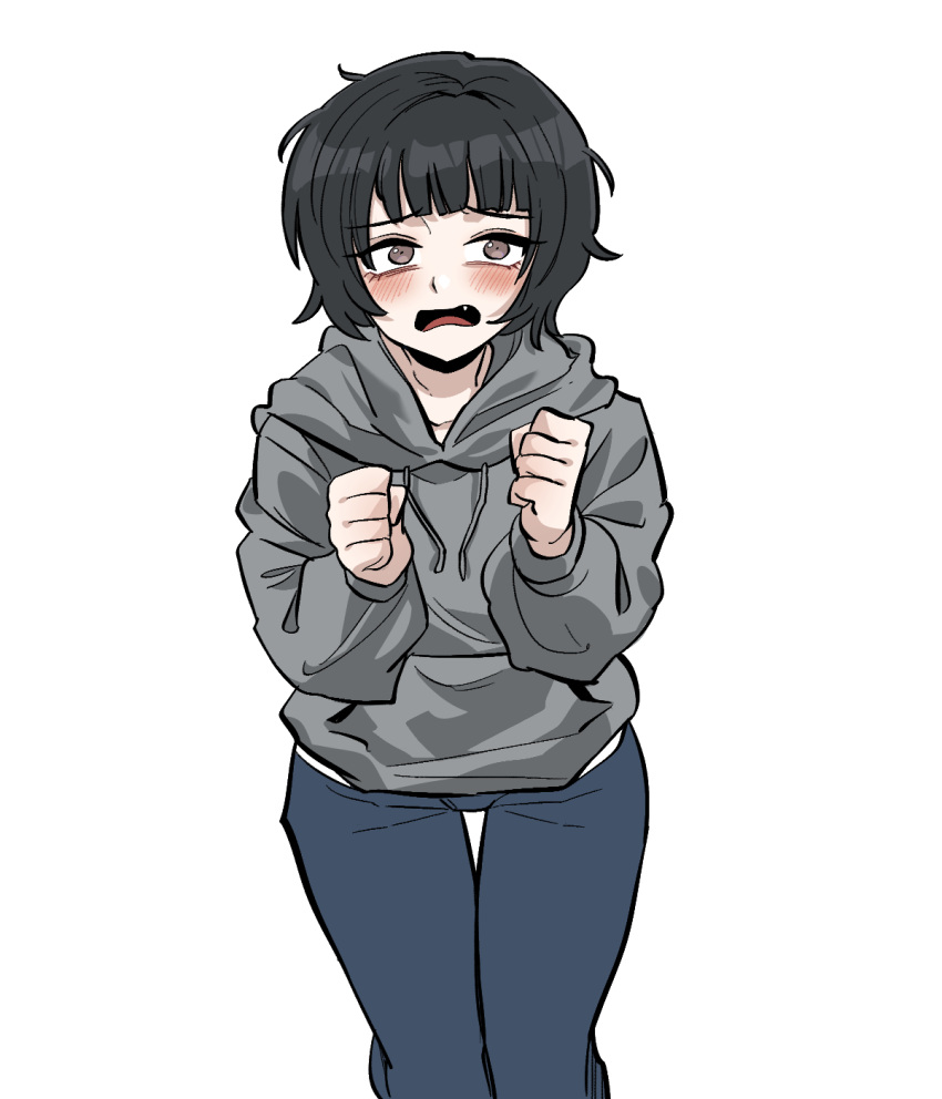 1girl, black_hair, blue_pants, blush, brown_eyes, character_request, clenched_hands, dinoyhs
