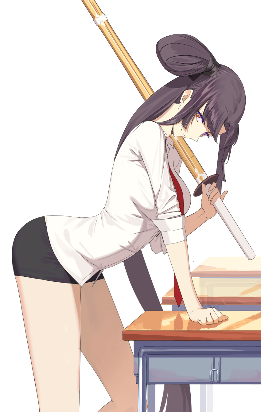 1girl, absurdres, black_shorts, commentary, desk, fate/grand_order, fate_(series), fudayasa