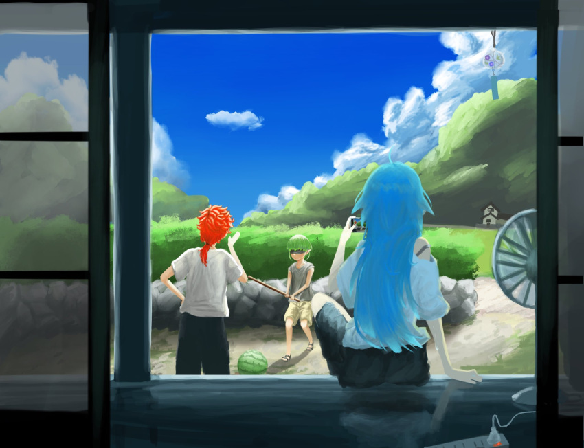 1girl, 2boys, ahoge, ars_greyrat, blindfold, blue_hair, blue_sky, brother_and_sister