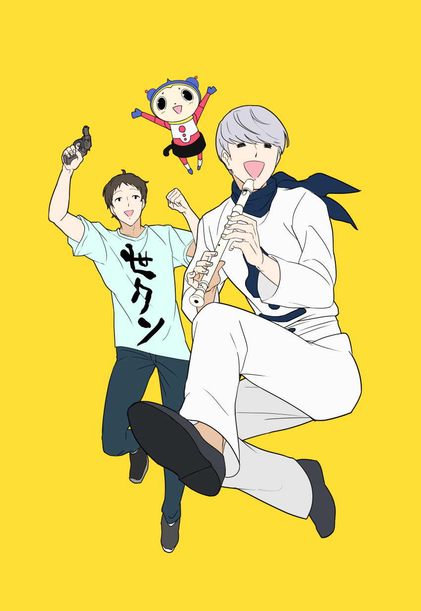 3boys, =_=, absurdres, adachi_tooru, antennae, arms_up, ascot, black_shoes
