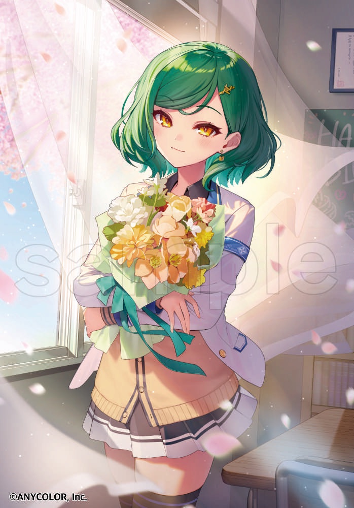 1girl, black_skirt, black_thighhighs, blue_sky, bouquet, chalkboard, classroom, closed_mouth, collared_shirt, commentary_request, company_name, copyright_notice, curtains, desk, green_hair, holding, holding_bouquet, indoors, jacket, kitakoji_hisui, kitakoji_hisui_(1st_costume), looking_at_viewer, nijisanji, official_art, petals, pleated_skirt, sample_watermark, shirt, skirt, sky, solo, sweater, thigh-highs, tsunakawa, virtual_youtuber, watermark, white_jacket, yellow_eyes, yellow_sweater