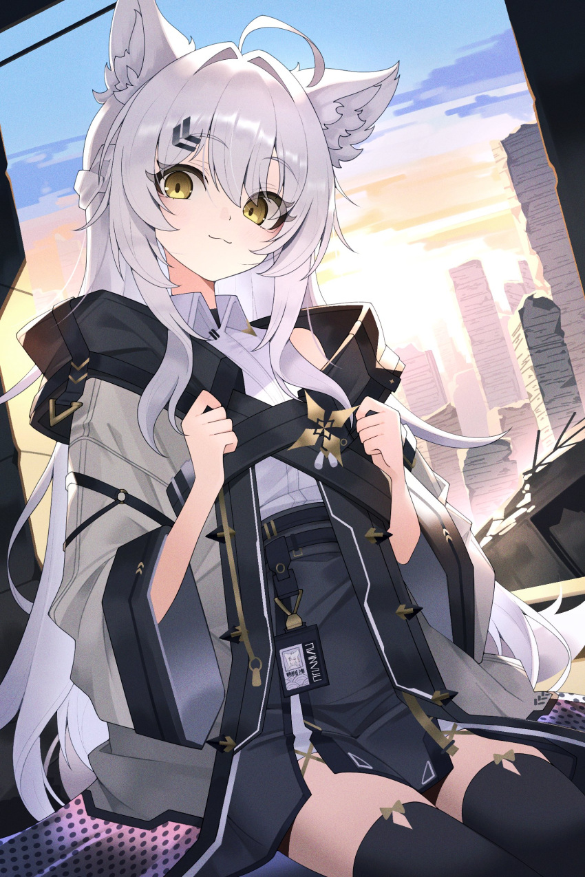 1girl, :3, absurdres, ahoge, animal_ear_fluff, animal_ears, black_skirt, black_thighhighs