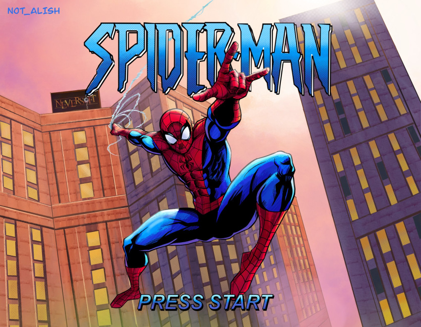 1boy, animal_print, artist_name, billboard, blue_bodysuit, bodysuit, building, character_name, city, commentary, covered_abs, dynamic_pose, english_commentary, english_text, highres, marvel, midair, multicolored_bodysuit, muscular, muscular_male, not_alish, outdoors, print_bodysuit, red_bodysuit, silk, skin_tight, solid_eyes, spider-man, spider-man_(original_suit), spider-man_(series), spider_print, spider_web, spider_web_print, superhero_costume, swinging_on_web, two-tone_bodysuit, video_game, western_comics_(style), window