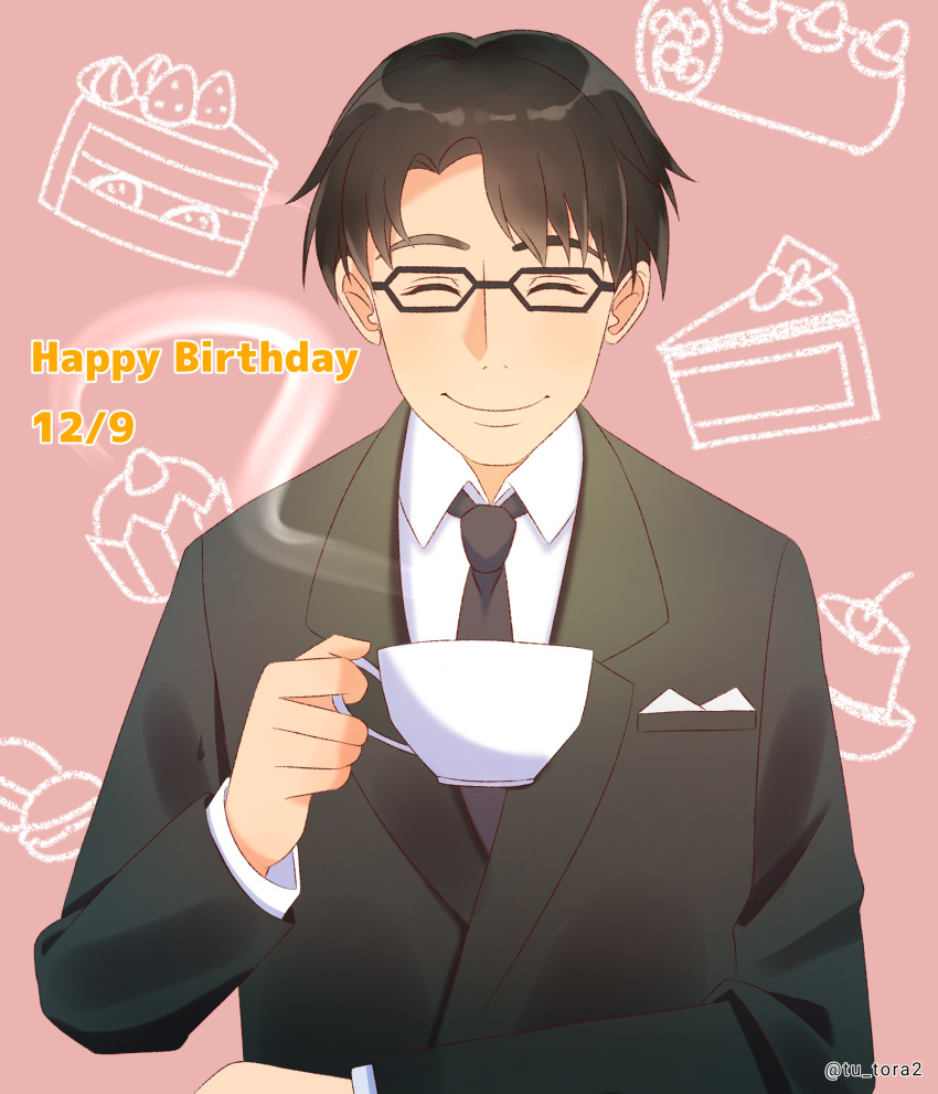 1boy, ^_^, absurdres, artist_name, black-framed_eyewear, black_hair, black_jacket, black_necktie