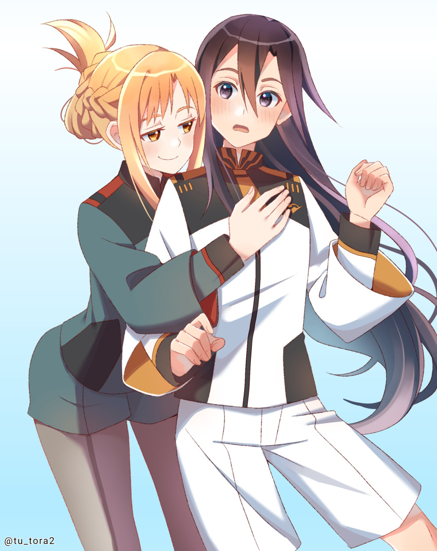alternate_costume, artist_name, asuna_(sao), black_hair, black_hat, blue_background, blush, braid