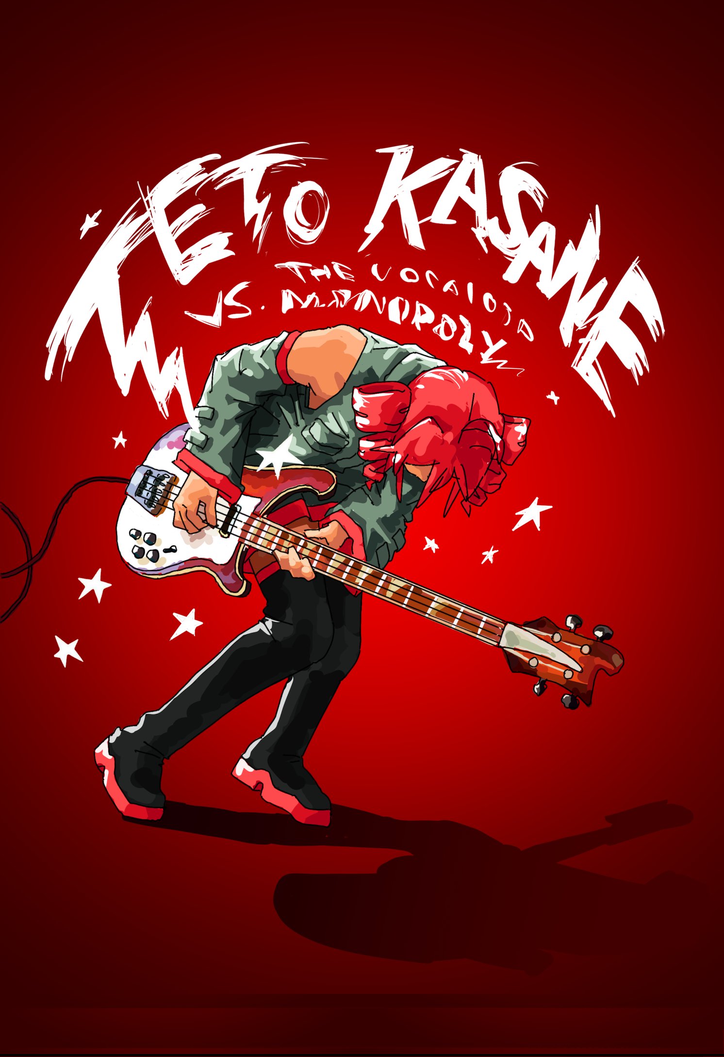 1girl, ahoge, bare_shoulders, bass_guitar, bent_over, black_boots, boots, breast_pocket, detached_sleeves, drill_hair, english_text, grey_shirt, grey_sleeves, highres, instrument, kasane_teto, kasane_teto_(utau), mmmn22296889, movie_poster_(medium), music, parody, playing_instrument, pleated_skirt, pocket, poster_parody, red_background, red_hair, scott_pilgrim_(series), scott_pilgrim_vs_the_world_(movie), shadow, shirt, sidelocks, skirt, sleeveless, sleeveless_shirt, solo, star_(symbol), thigh_boots, title_parody, twin_drills, utau, wide_sleeves