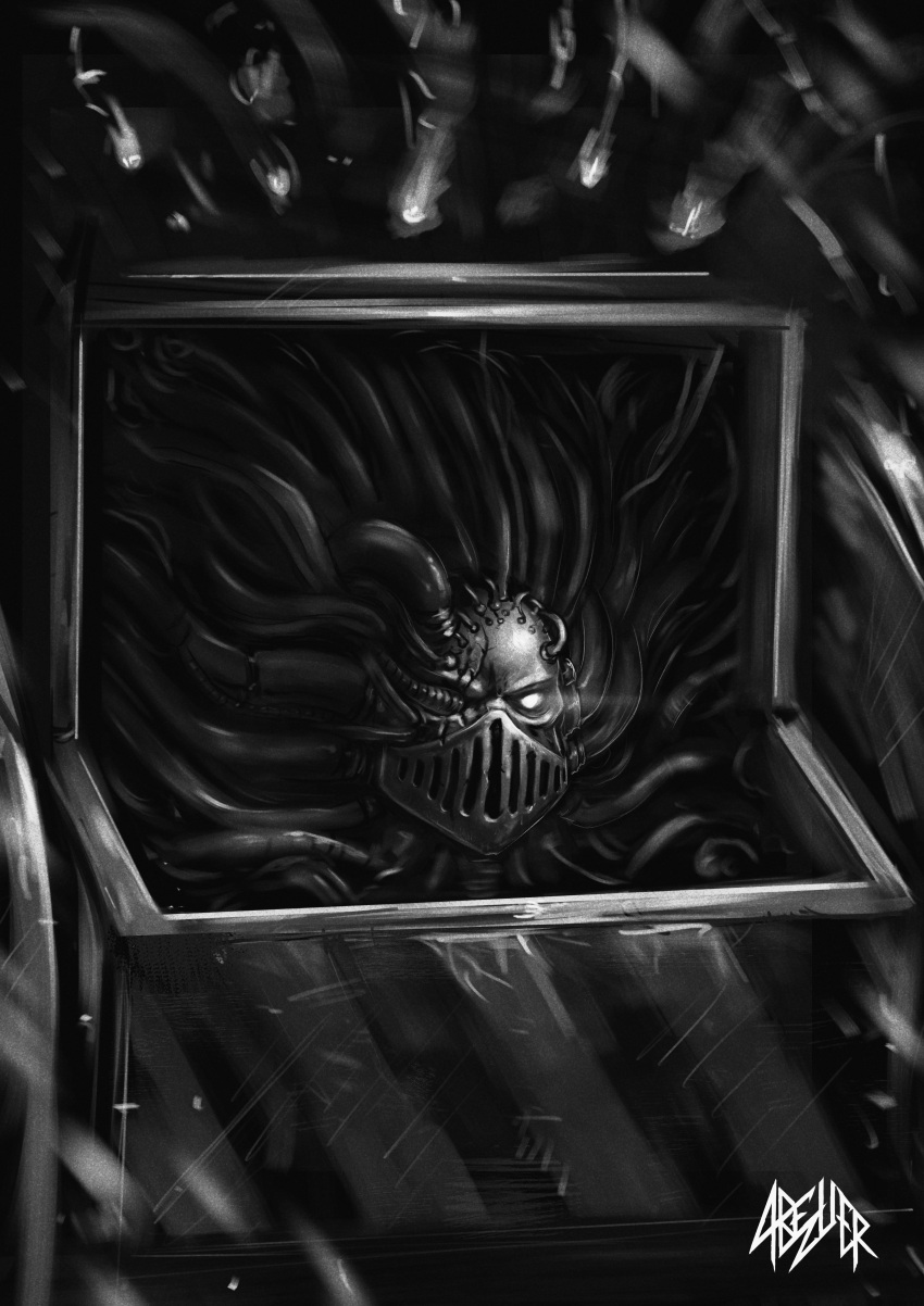 1boy, abezver, absurdres, artificial_eye, artist_name, cable, commentary, english_commentary, glowing, glowing_eye, gorget, greyscale, hair_tubes, highres, mask, mechanical_eyes, metal_mask, monochrome, mouth_mask, no_pupils, perturabo, primarch, scratches, signature, single_mechanical_eye, tube, warhammer_40k, wire