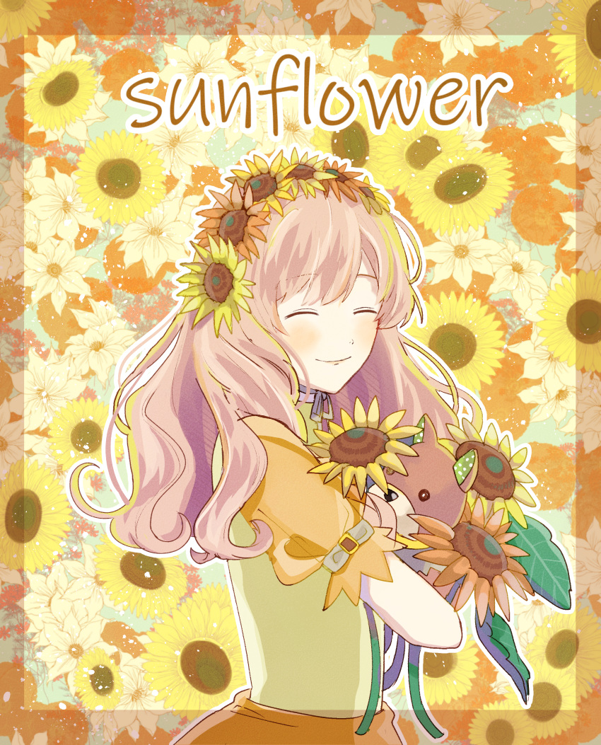 1boy, absurdres, blonde_hair, blush, closed_eyes, commentary_request, dress, floral_background