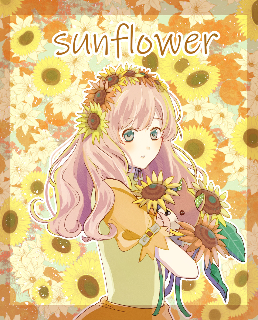 1boy, absurdres, blonde_hair, blush, commentary_request, dress, floral_background, flower, green_eyes, hair_flower, hair_ornament, highres, holding, holding_stuffed_toy, i-chu, leaf, long_hair, looking_at_viewer, mwi-sun-net, neck_ribbon, oikawa_momosuke, ribbon, short_sleeves, solo, stuffed_animal, stuffed_toy, sunflower, sunflower_hair_ornament, swept_bangs, teddy_bear, trap