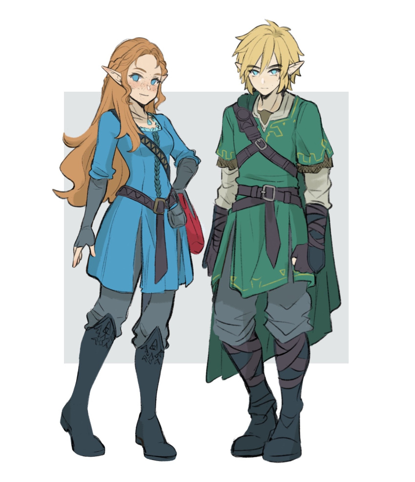 1boy, 1girl, belt, blonde_hair, blue_eyes, boots, cape, fingerless_gloves