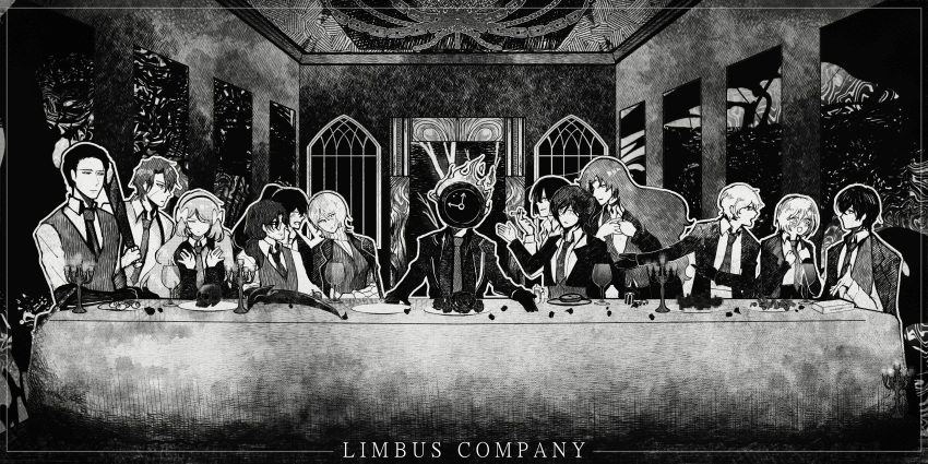 1other, 6+boys, 6+girls, absurdres, bow, branch, chain, clock