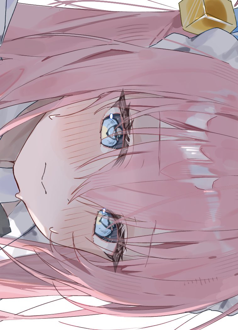 1girl, blue_eyes, blush, bocchi_the_rock!, close-up, cube_hair_ornament, gotoh_hitori, hair_between_eyes, hair_ornament, long_hair, looking_at_viewer, maid, maid_headdress, melting, mimil, pink_hair, simple_background, solo, sweatdrop, white_background