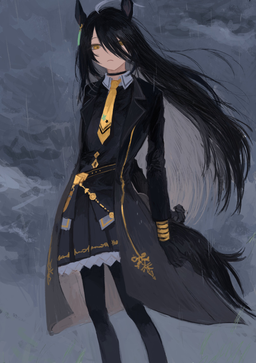 1girl, absurdres, ahoge, animal_ears, black_choker, black_coat, black_gloves, black_hair
