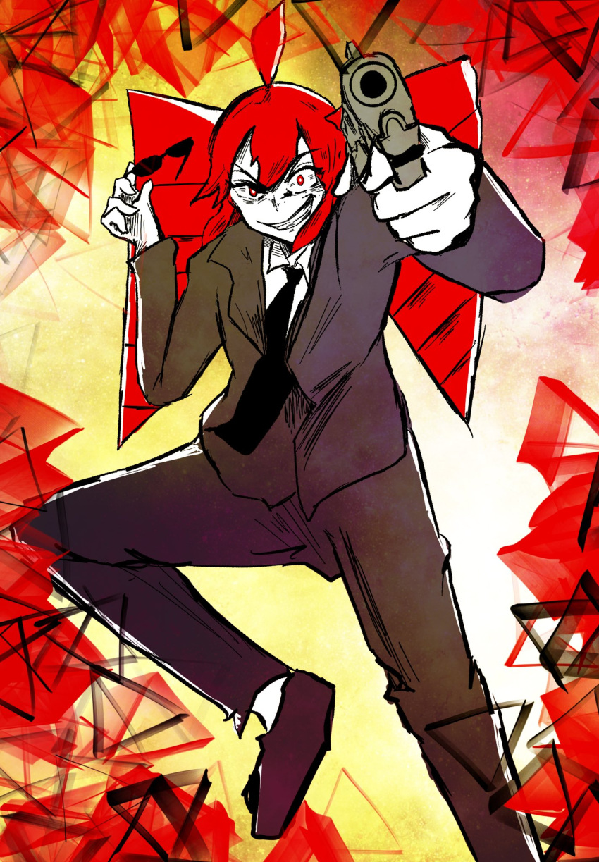 1girl, ahoge, aiming, black_jacket, black_necktie, black_pants, black_shoes, black_suit