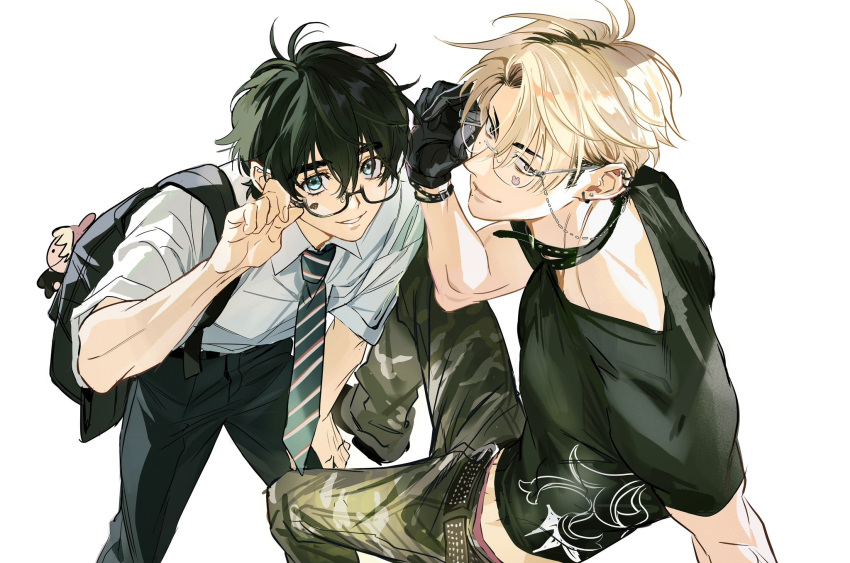 2boys, backpack, bag, black_choker, black_hair, black_necktie, black_pants, blonde_hair