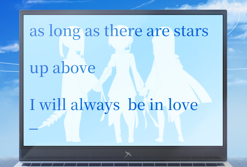 3girls, absurdres, blue_archive, clouds, computer, daresuki_05, day, ein_(blue_archive)