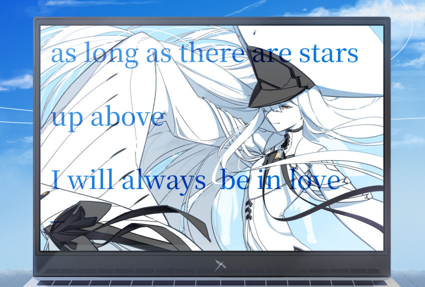 1girl, absurdres, blue_archive, clouds, colored_skin, commentary, computer, daresuki_05