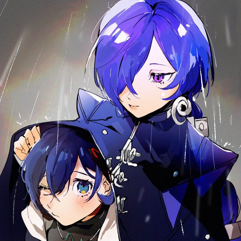 2girls, belle_(zenless_zone_zero), black_shirt, blue_eyes, blue_hair, blush, chain, commentary_request