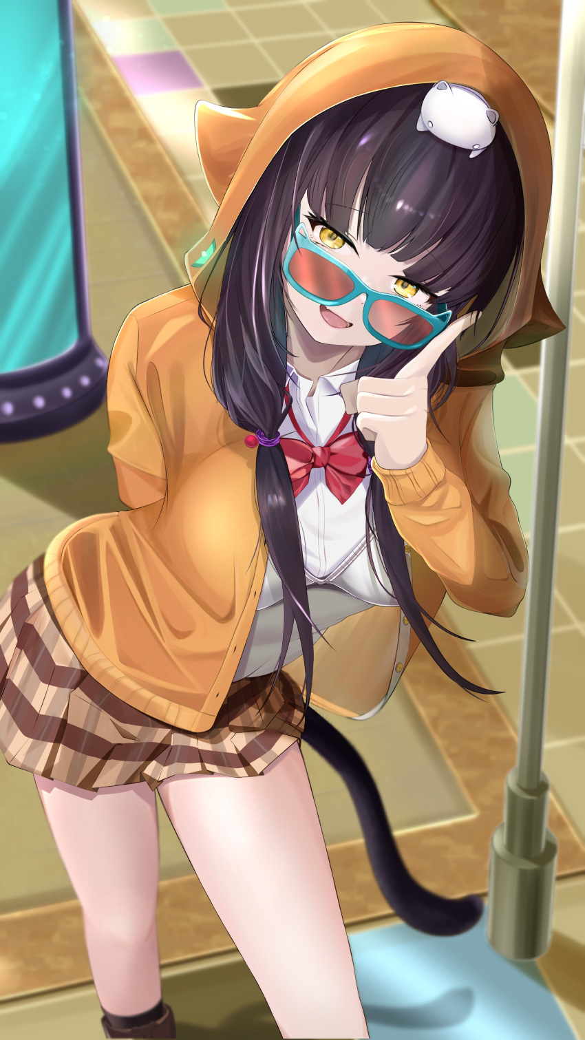 1girl, :d, absurdres, adjusting_eyewear, animal-themed_eyewear, animal_ears, animal_hood, animal_on_head
