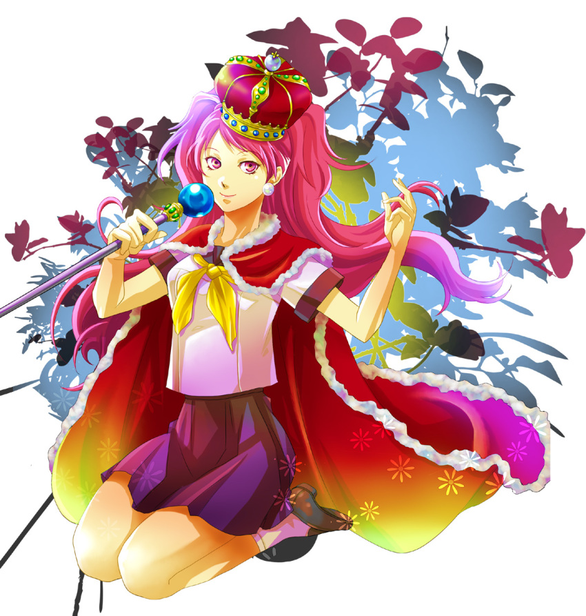 cape, crown, earrings, highres, jewelry, kneeling, kujikawa_rise, persona, persona_4, pink_eyes, pink_hair, scepter, school_uniform, seiza, serafuku, sitting, smile, solo, yoshii_kyoko