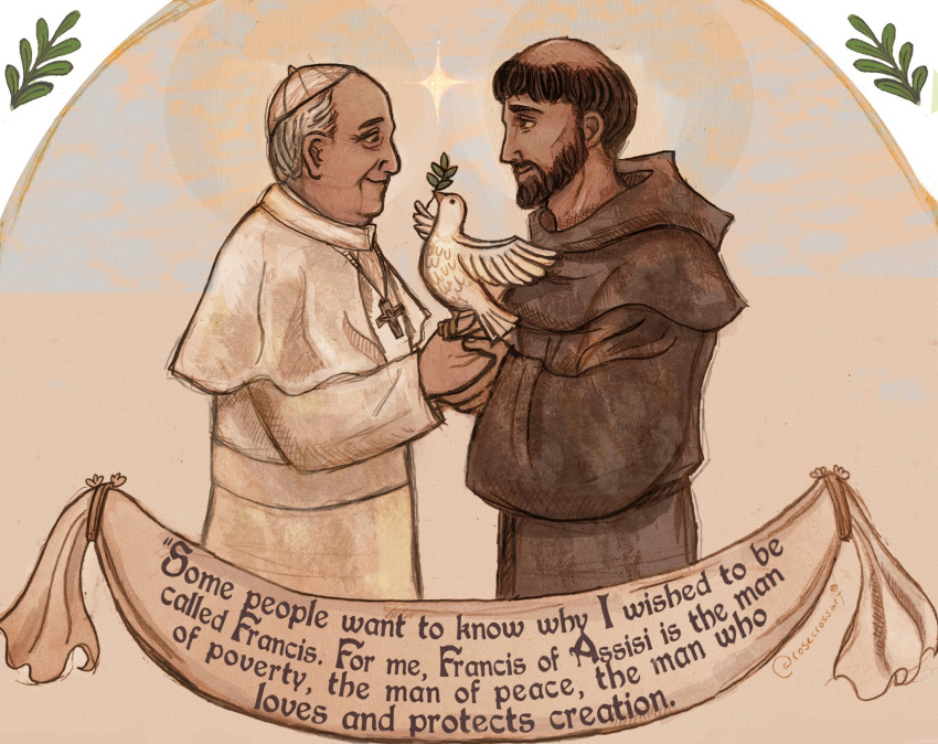 1boy, 2boys, bird, brown_facial_hair, brown_hair, brown_robe, capelet, christianity