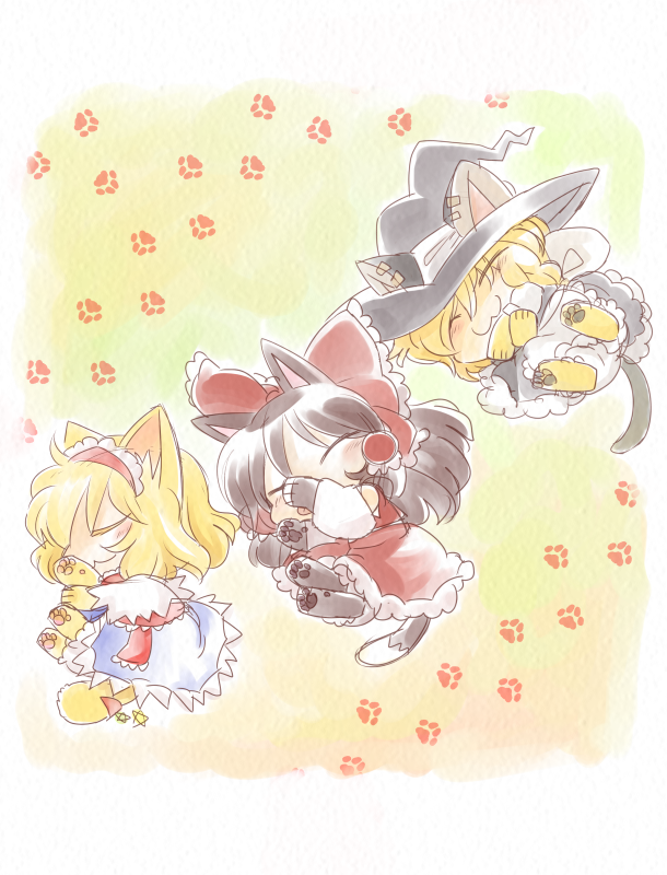 animal_ears, blonde_hair, blue_eyes, bon_(rump), bow, braid, brown_hair, capelet