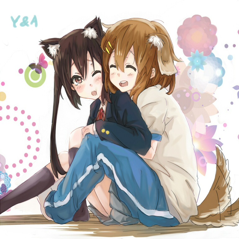 2girls, ;o, animal_ears, black_hair, blazer, brown_eyes, brown_hair, cat_ears