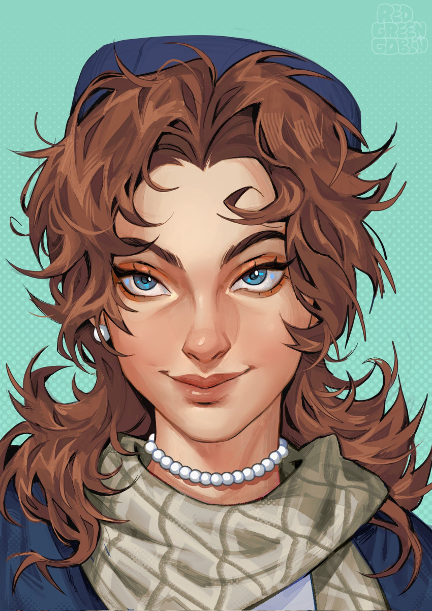 1girl, blue_eyes, blue_hat, blue_jacket, brown_hair, earrings, green_scarf, hat