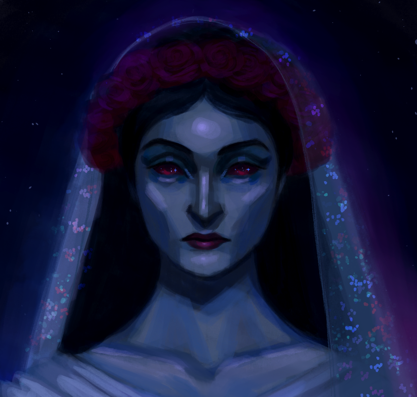 1girl, azura_(the_elder_scrolls), black_hair, colored_skin, commentary, daedra, english_commentary, facing_viewer, flower, grey_skin, head_wreath, long_hair, miraculan-draws, night, painterly, portrait, red_eyes, red_flower, sky, solo, star_(sky), starry_sky, the_elder_scrolls, the_elder_scrolls_iii:_morrowind, veil