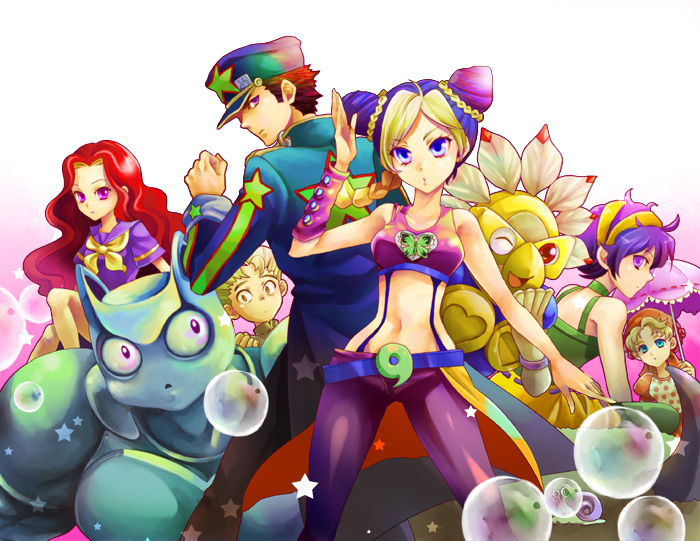 belt, blonde_hair, blue_eyes, blue_hair, bubble, double_bun, feathers, hat