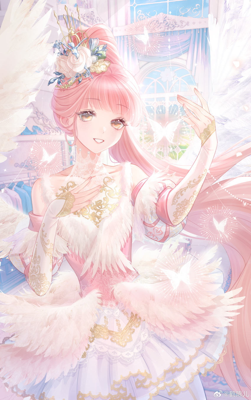 1girl, a_psalm_of_time_(miracle_nikki), absurdres, arm_warmers, ballerina, bare_shoulders, bird_wings, blue_sky
