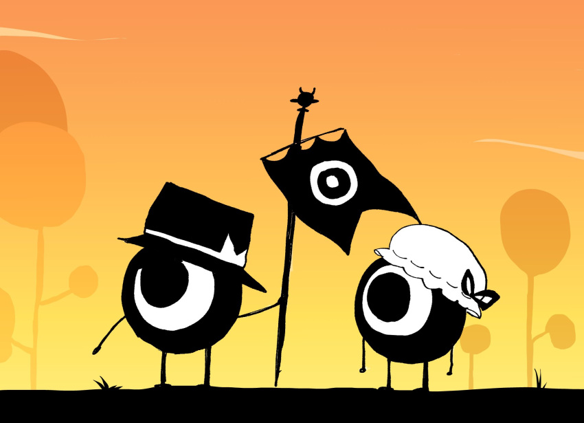 black_hat, black_ribbon, bow, commentary, copyright_request, dusk, eyeball, flag