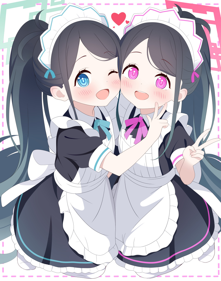 2girls, :d, absurdres, apron, aris_(blue_archive), aris_(maid)_(blue_archive), black_hair, blue_archive