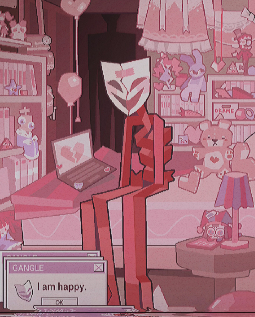 0kame-san, 1girl, bag, balloon, bed, blanket, book, bookshelf, bow, bubble_(the_amazing_digital_circus), caine_(the_amazing_digital_circus), carrot, character_doll, character_pin, chess_piece, computer, cracked_mask, desk_lamp, doll, door, doorway, dreamcore, dress, figure, fur-trimmed_robe, fur_trim, gangle_(the_amazing_digital_circus), heart, heart-shaped_pillow, highres, jax_(the_amazing_digital_circus), jester, king_(chess), kinger_(the_amazing_digital_circus), lamp, laptop, mask, monster_girl, panda, pillow, pomni_(the_amazing_digital_circus), rabbit, ragatha_(the_amazing_digital_circus), ribbon, robe, shelf, silhouette, sitting, stuffed_animal, stuffed_rabbit, stuffed_toy, tape, teddy_bear, the_amazing_digital_circus, unworn_dress, zooble_(the_amazing_digital_circus)