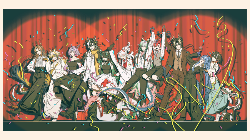 5boys, 6+girls, ^_^, absurdres, alternate_costume, arknights, baggy_clothes, black_dress