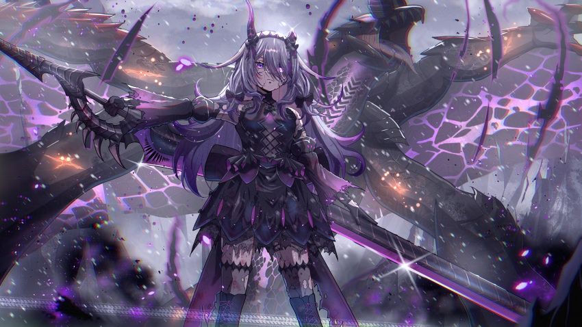 1girl, absurdres, armor, black_boots, boots, broken_horn, claws, commentary