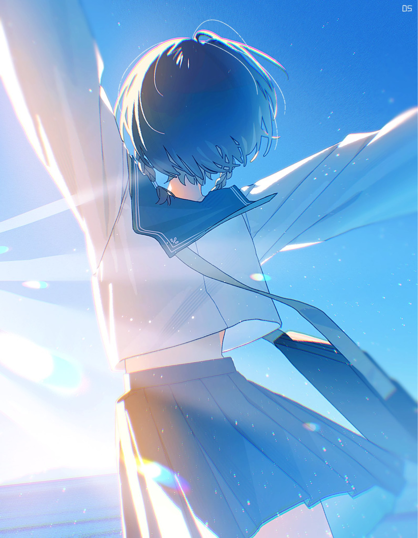 051_ogoli, 1girl, arms_up, beach, blue_hair, blue_skirt, blue_sky, braid