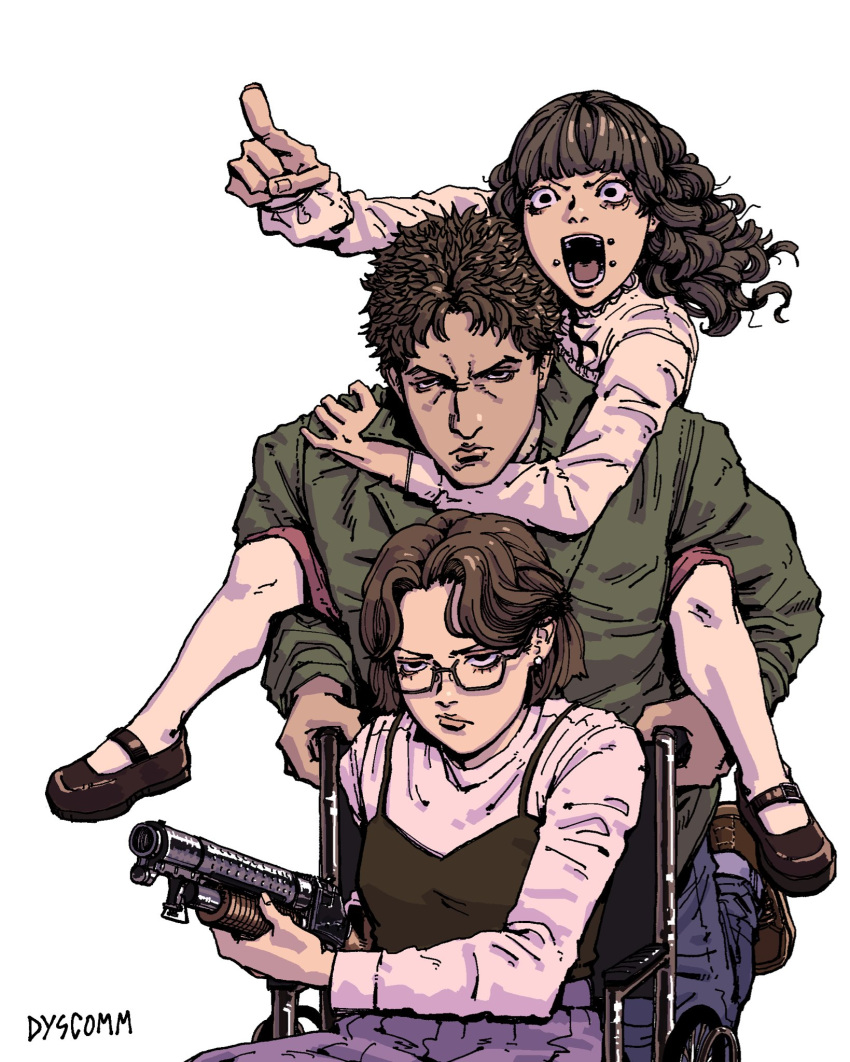 1boy, 2girls, artist_name, brown_hair, brown_shoes, camisole, camisole_over_clothes, carrying, closed_mouth, commentary, commission, dyscomm, english_commentary, face_piercing, fear_&amp;_hunger_(series), fear_&amp;_hunger_2:_termina, green_jacket, gun, highres, holding, holding_gun, holding_weapon, jacket, long_hair, long_sleeves, marcoh_(fear_&amp;_hunger), marina_(fear_&amp;_hunger), mary_janes, mouth_piercing, multiple_girls, olivia_(fear_&amp;_hunger), open_mouth, piercing, piggyback, pink_shirt, pink_skirt, pointing, purple_skirt, pushing_wheelchair, shirt, shoes, short_hair, shotgun, simple_background, skirt, weapon, wheelchair, white_background, white_shirt