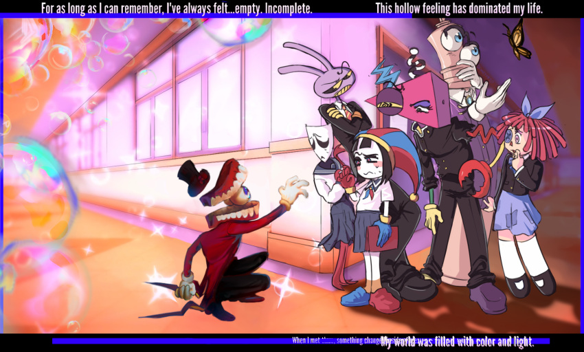 1other, 3boys, 3girls, bubble, bug, butterfly, caine_(the_amazing_digital_circus), chess_piece