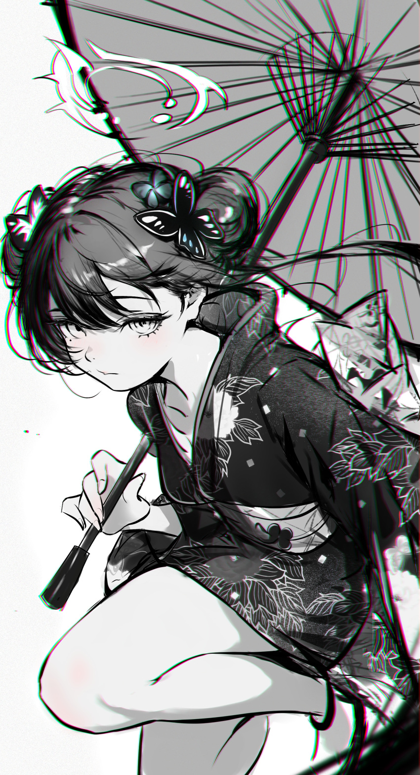 1girl, absurdres, blue_archive, butterfly_hair_ornament, chromatic_aberration, double_bun, floral_print, greyscale