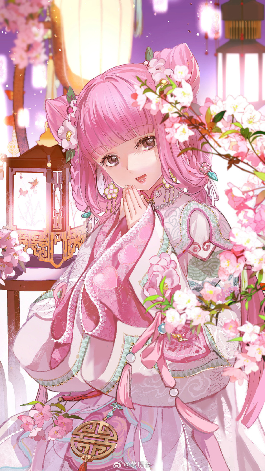 1girl, beautiful_moment_(miracle_nikki), blunt_bangs, braid, braided_hair_rings, branch, brown_eyes, capelet