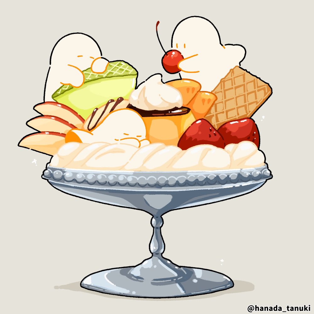 apple, apple_slice, artist_name, cake_stand, cherry, chocolate_syrup, commentary, floating