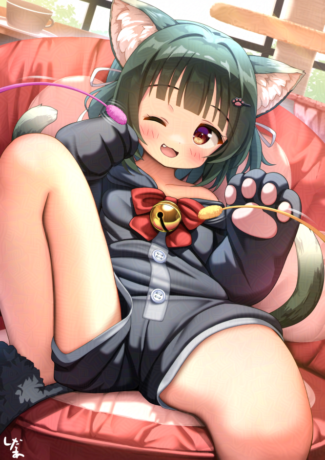 1girl, :3, :d, animal_ear_fluff, animal_ears, animal_hands, bell, black_jumpsuit