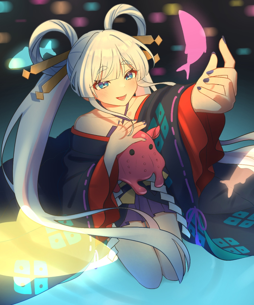 1girl, bare_shoulders, blue_eyes, blue_nails, cho_kaguya-hime!, daifuku_um, fish, hair_ornament, hair_rings, hair_stick, hand_on_own_chest, hand_up, highres, japanese_clothes, kimono, long_hair, multicolored_eyes, multicolored_hair, open_mouth, purple_kimono, runami_yachiyo, sea_slug, seiza, sitting, smile, two-tone_eyes, two-tone_hair, very_long_hair, white_hair