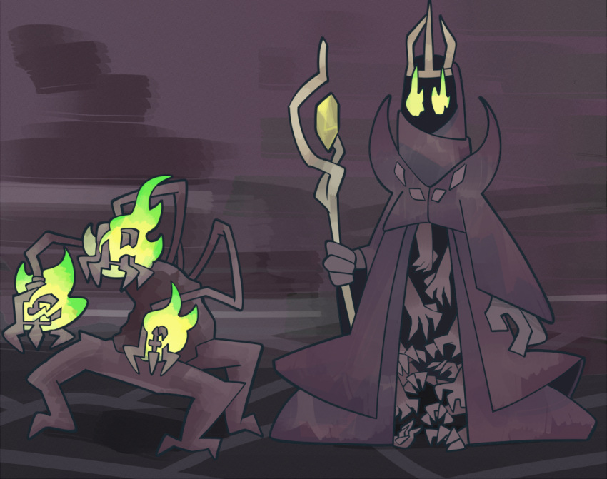 1girl, 1other, crown, crystal, extra_arms, fire, flaming_eye, flaming_head, full_body, green_fire, holding, holding_staff, mage_staff, multiple_heads, purple_robe, purple_theme, queen_(slay_the_spire), robe, slay_the_spire, slay_the_spire_2, songaksi, staff, torch_head_amalgam